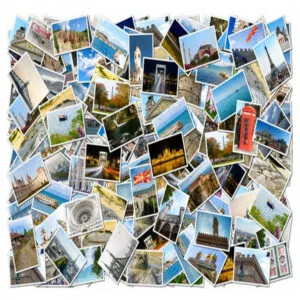 A scattered array of travel photos resembling a collection of Christmas cards, beautifully restored to showcase various landmarks and landscapes, including buildings, coastlines, and cityscapes.