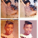 A collage of two photos, made using the Photo Reprint and Restoration service, features a young girl sitting on a couch in one image and another of her smiling in a formal portrait. The pictures have a vintage quality with slight wear and fading, reminiscent of old DVD showings.